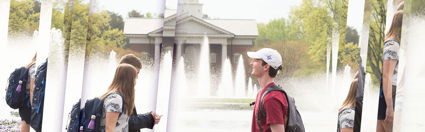 Students speaking in front of fountain