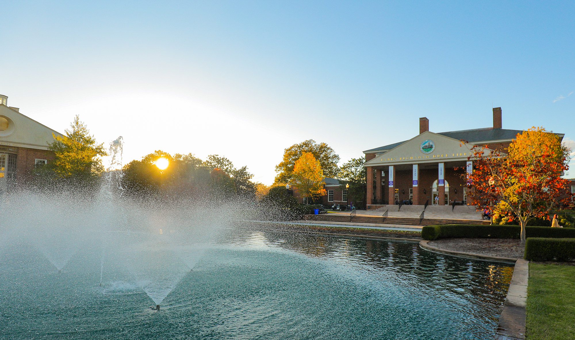 Library at sunset with fountain