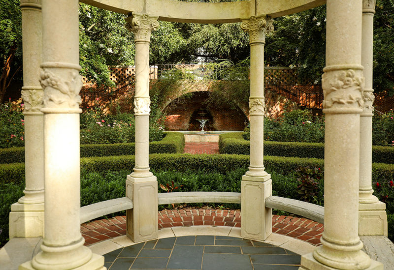 Gazebo overlooking the fountain in the center of the rose garden