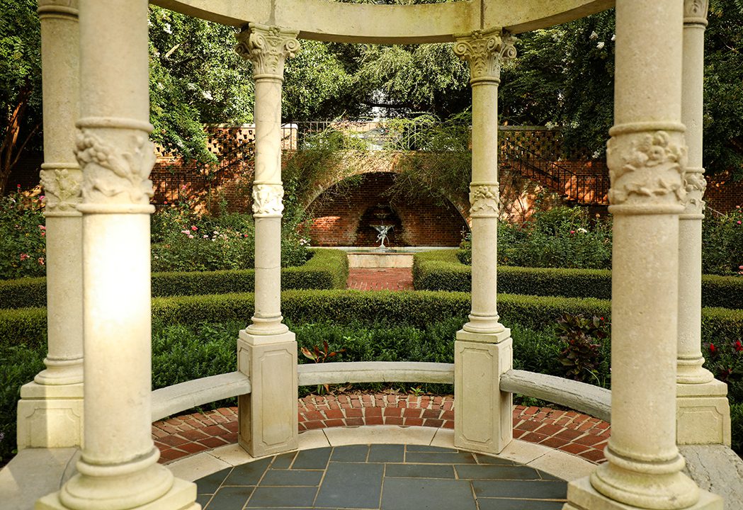 Gazebo overlooking the fountain in the center of the rose garden