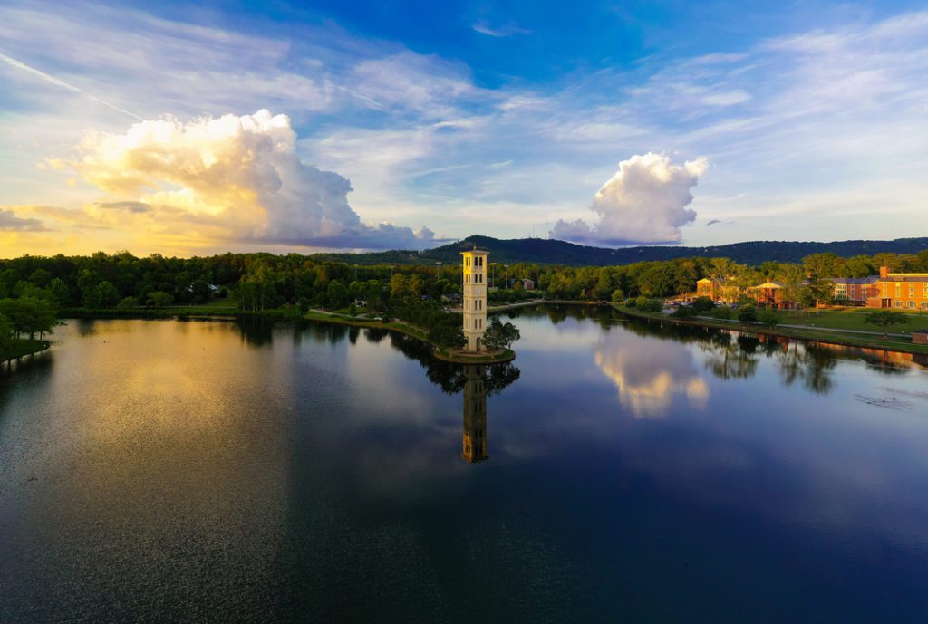 The bell tower as seen from an aerial view, overlooking Furman lake
