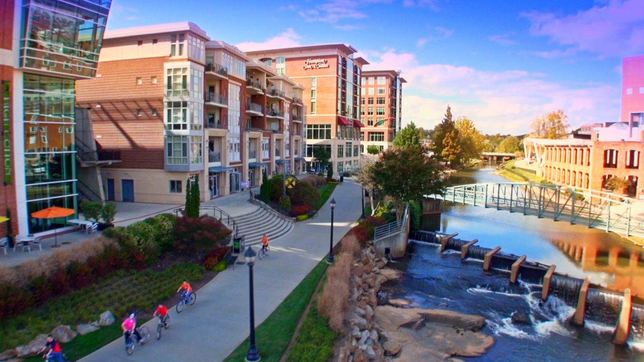Downtown Greenville, reedy river at sunset