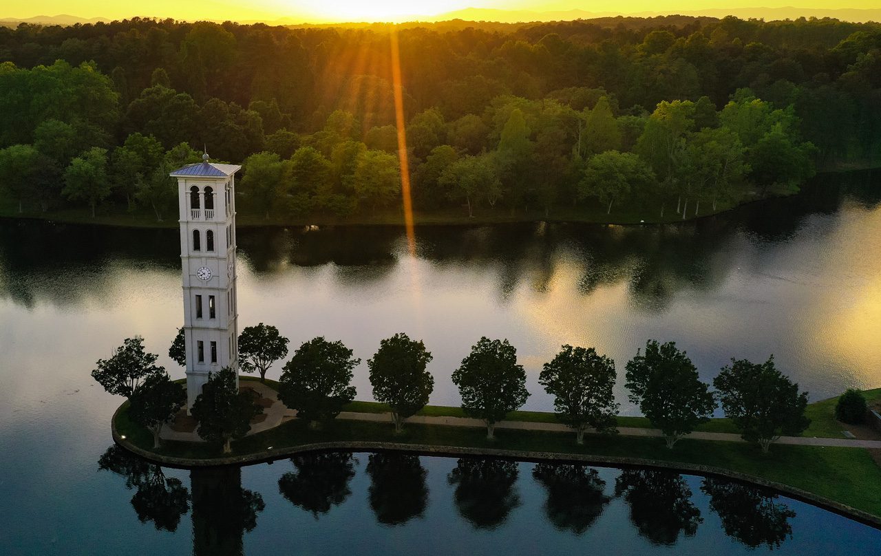 Aerial view of bell tower at sunset