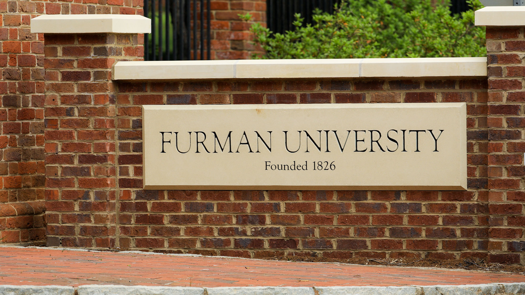 Furman University front gate on brick