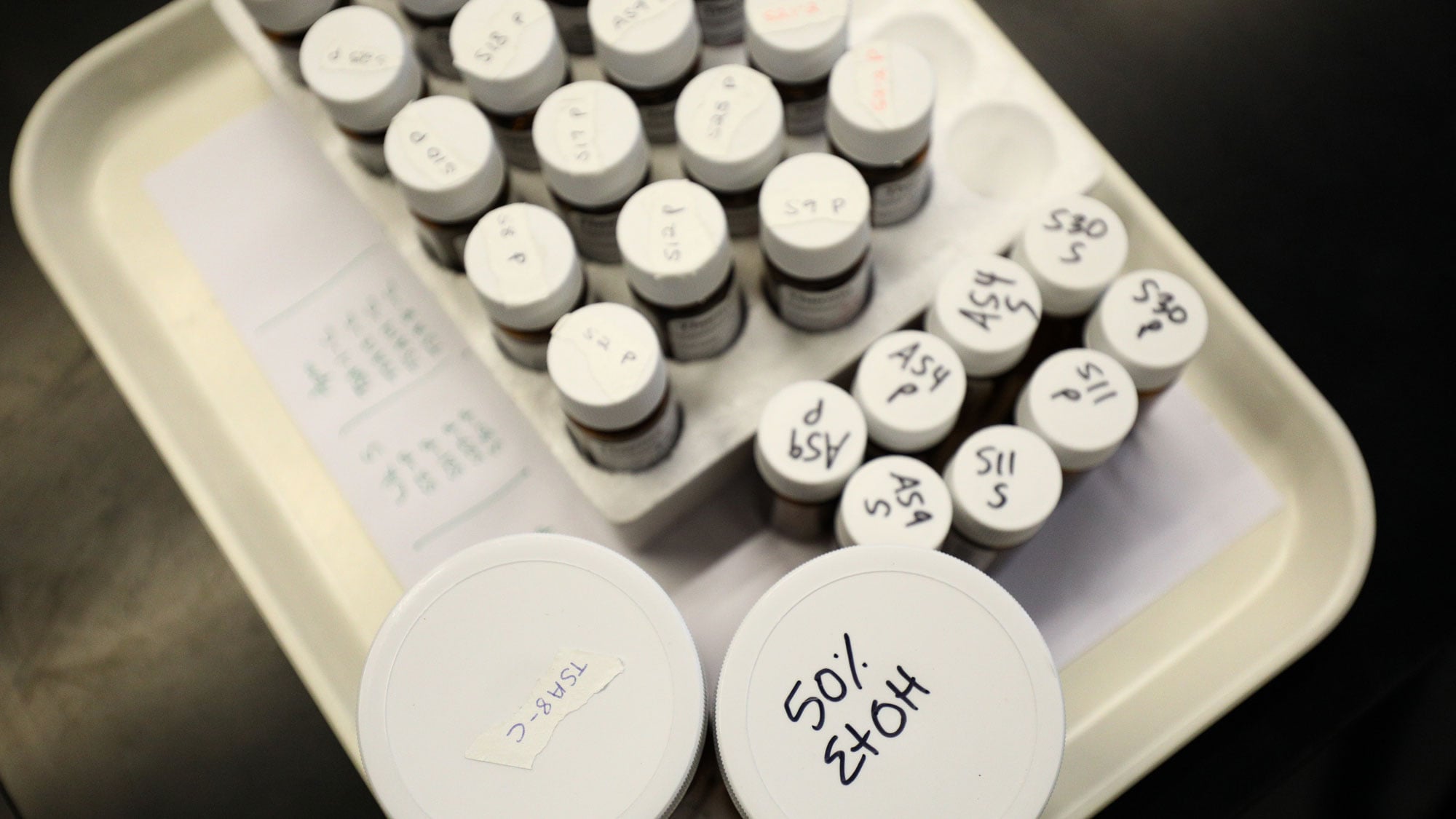 Bottles of tagged substances in the lab