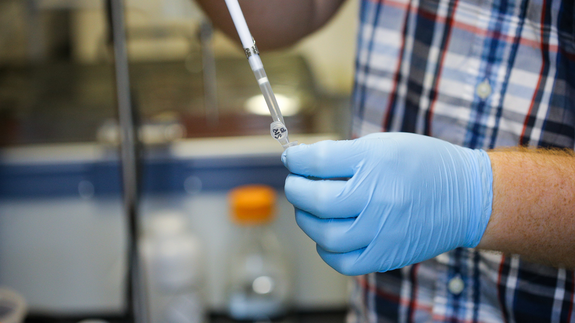 Student placing substance in test tubes