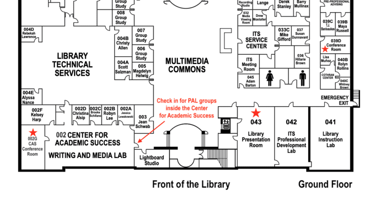 Map of the ground floor of the Library with rooms used by Peer Assisted Learning noted. Rooms are 002G, 039D, and 043. The Center for Academic Success is room 002.