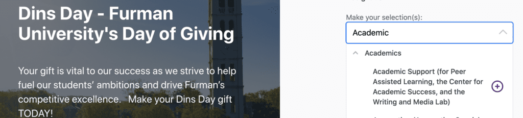 screenshot of how to give to Center for Academic Success on the Give Campus website