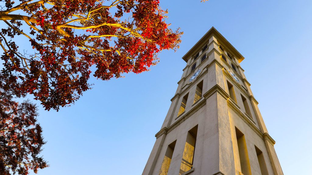 bell tower in fall with blue sky behind