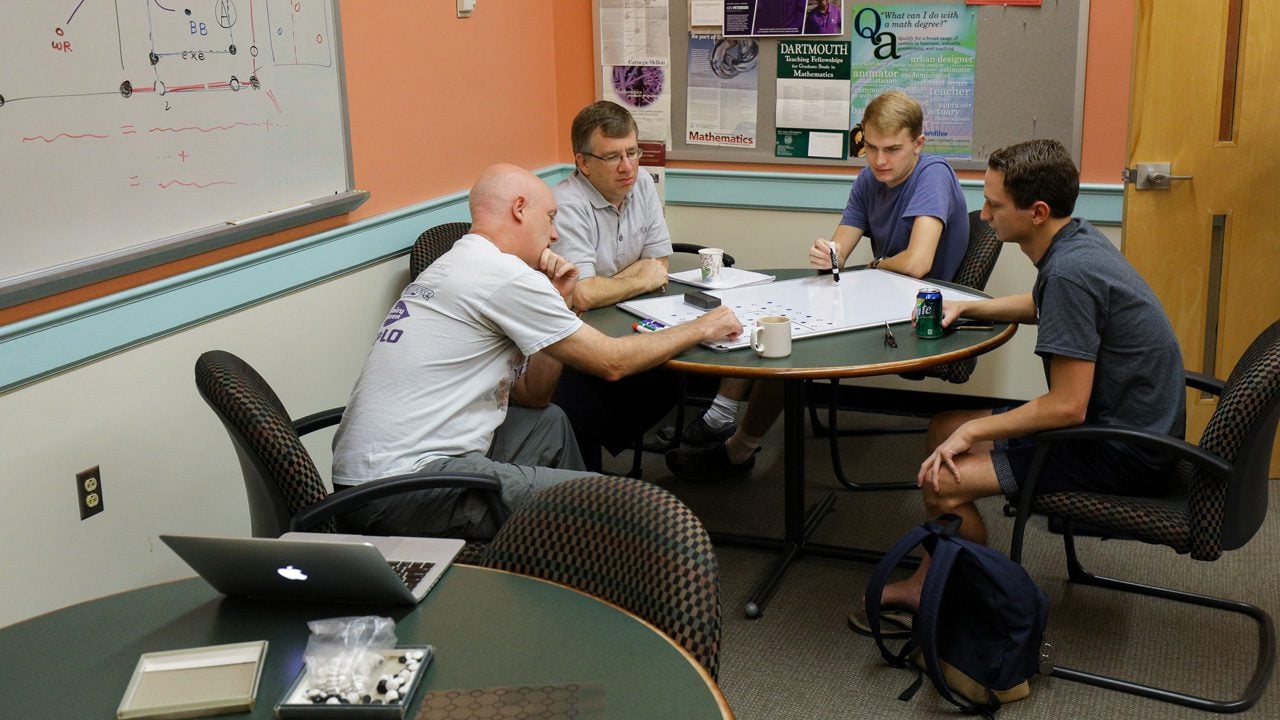 Professors and students sitting around a round table for math discussion