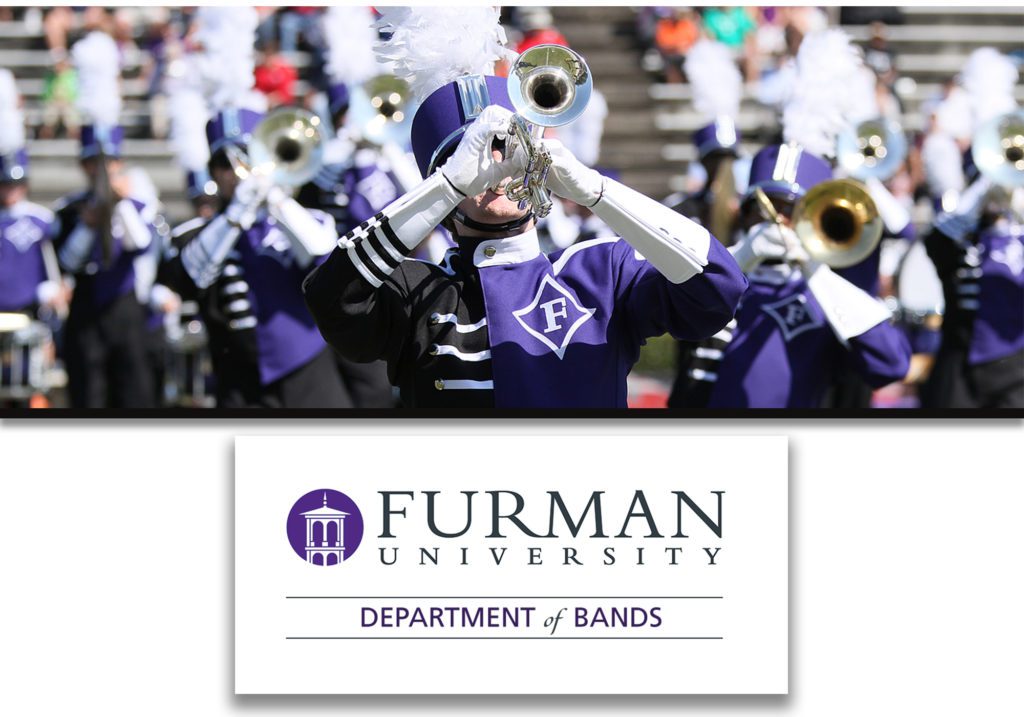 furman band feature image marching trumpets and logo