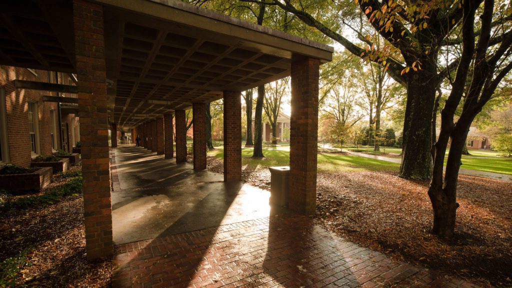 Furman Hall with fall leaves