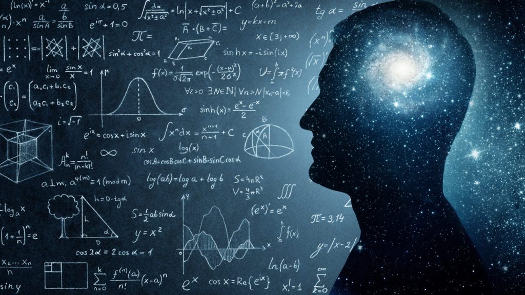 Man looking at equations with cosmic background