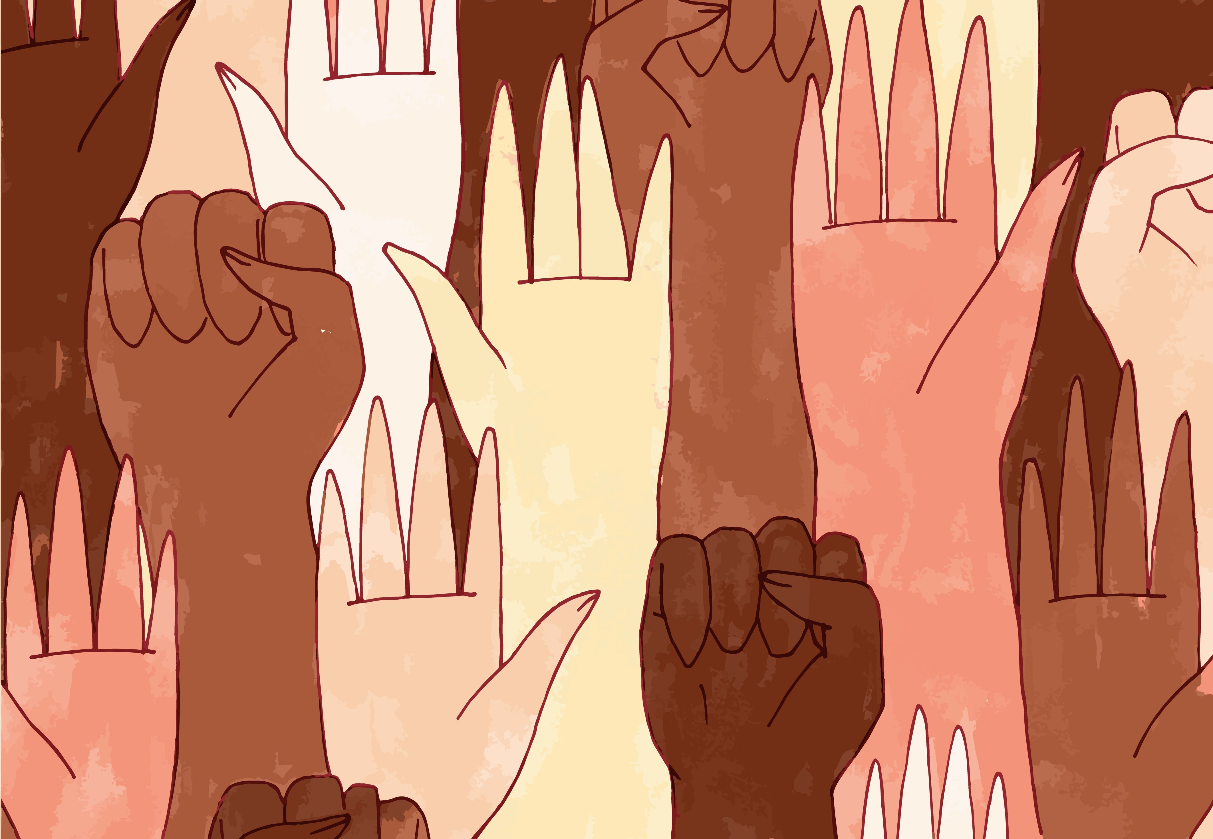 hands raised, different colors of skin