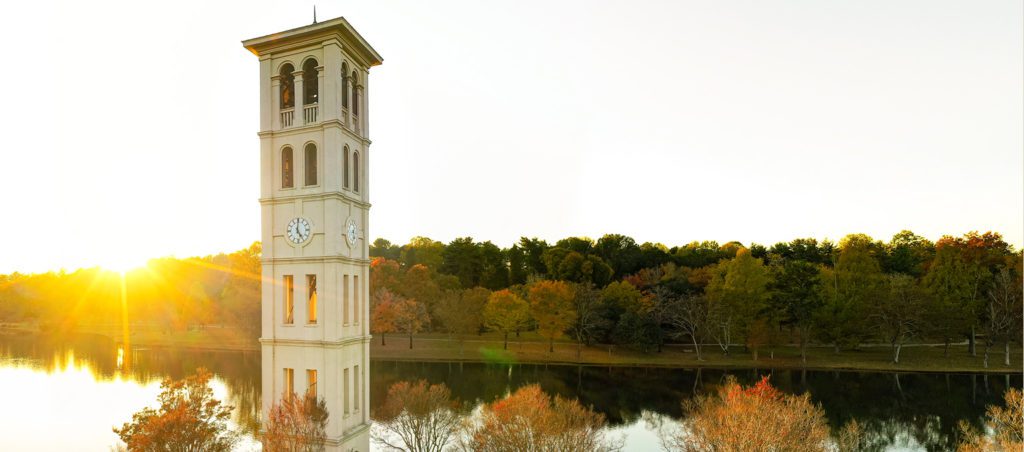 Furman bell tower at sunset, aerial view
