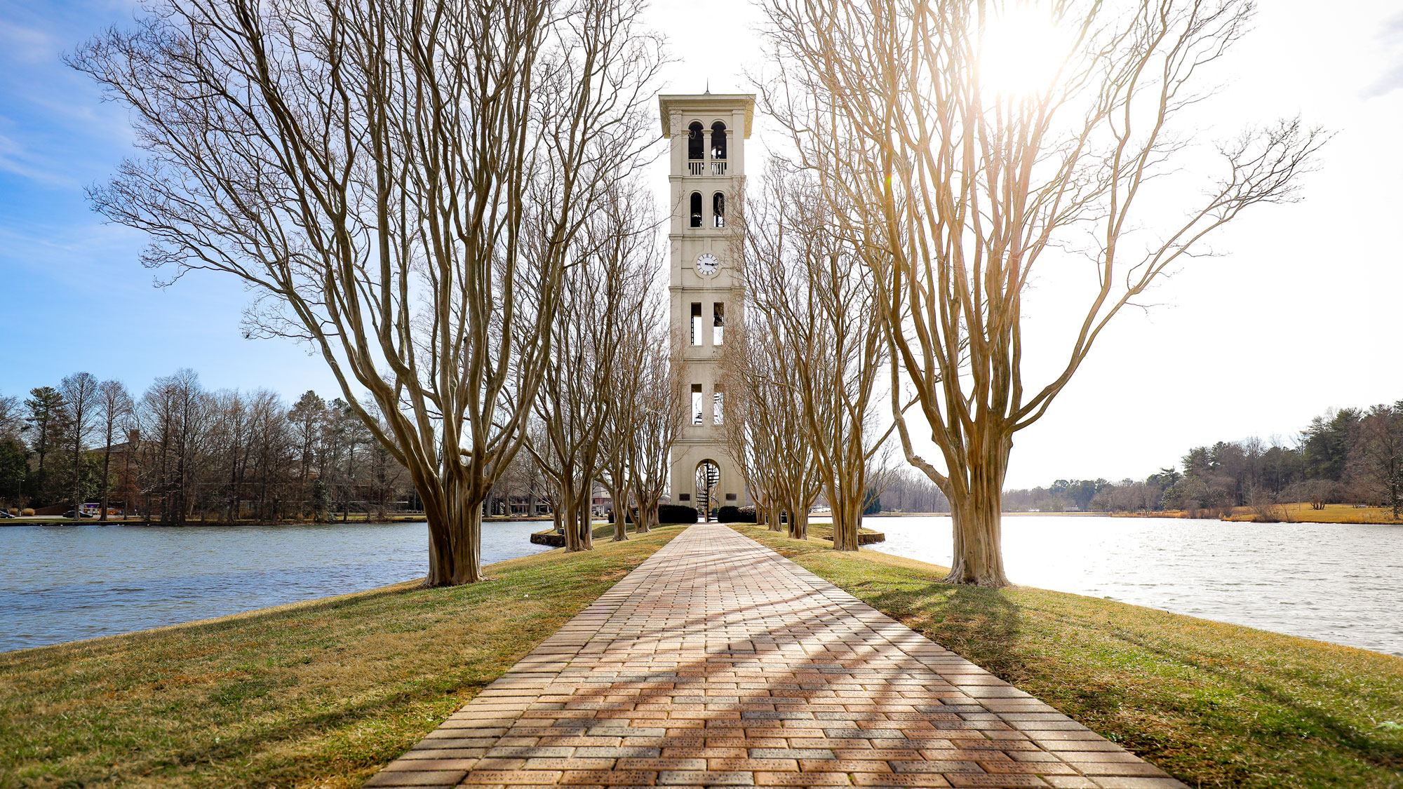 Bell tower from afar, lake in rear