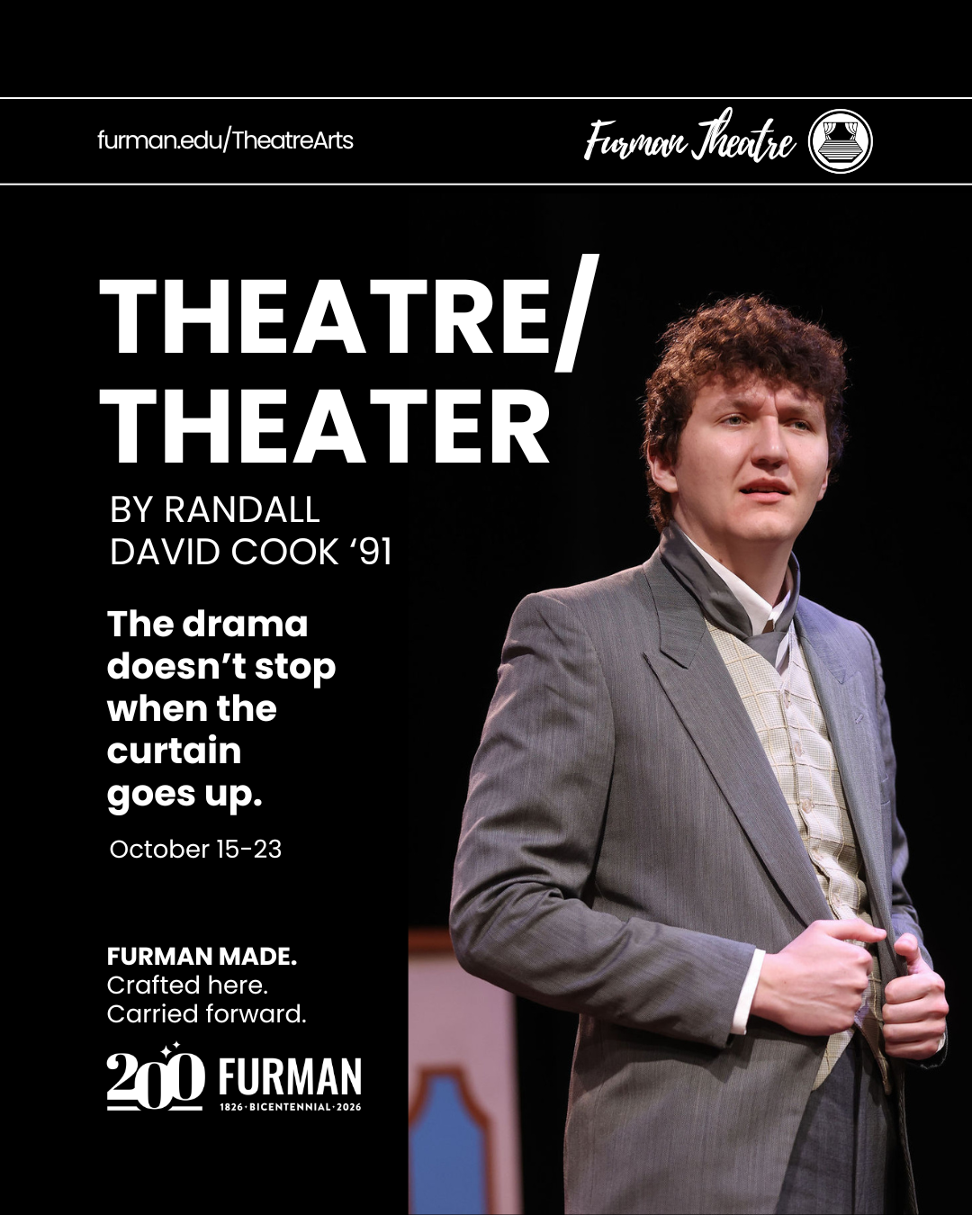 Theatre/Theater by Randall David Cook in white writing with a photo of a man in a gray suit