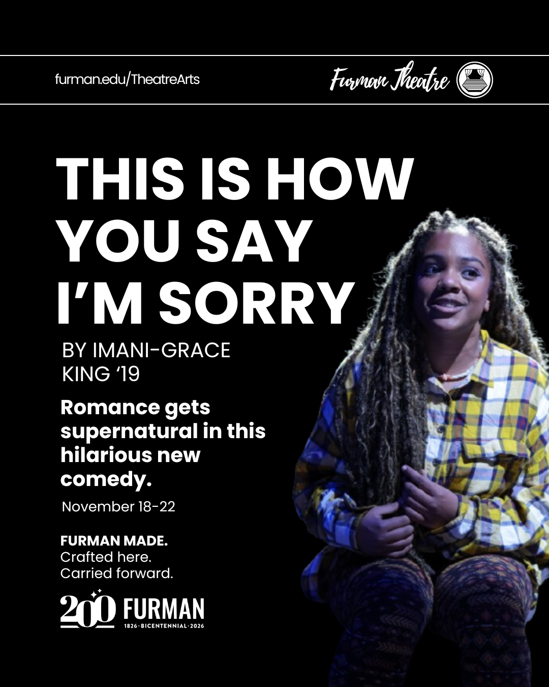 This is How You Say I'm Sorry by Imani-Grace King '19 in white writing with a photo of a woman in a yellow & white plaid shirt.