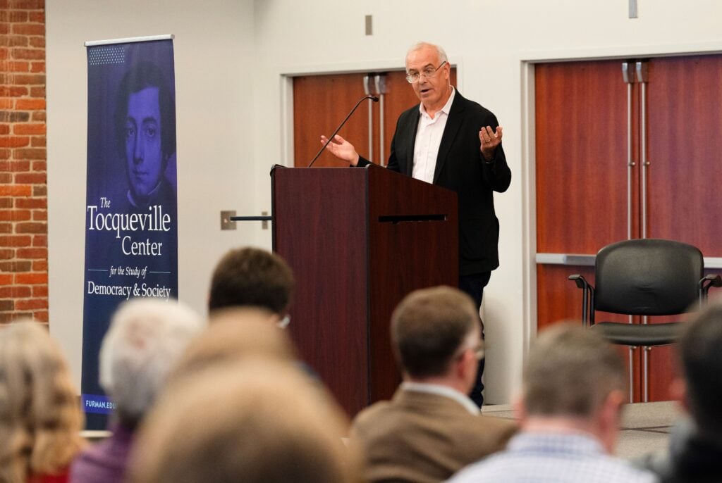 David Brooks addresses the audience at Tocqueville Center conservatism in America event