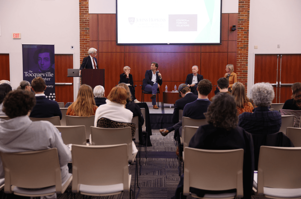 Brent Nelsen, Marian Stroble, and guest speakers Liesbet Hooghe, Gary Marks, and Matthias Matthijs on a Tocqueville Center panel at Furman University.