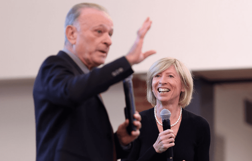Political scientists Liesbet Hooghe and Gary Marks speaking together during a Tocqueville Center lecture at Furman University.