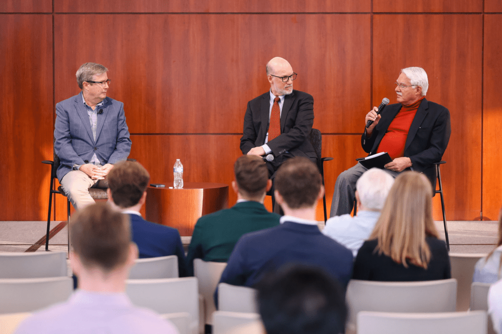 Mark Amstutz speaking on the relationship between the church and global peace at a Tocqueville Center event.