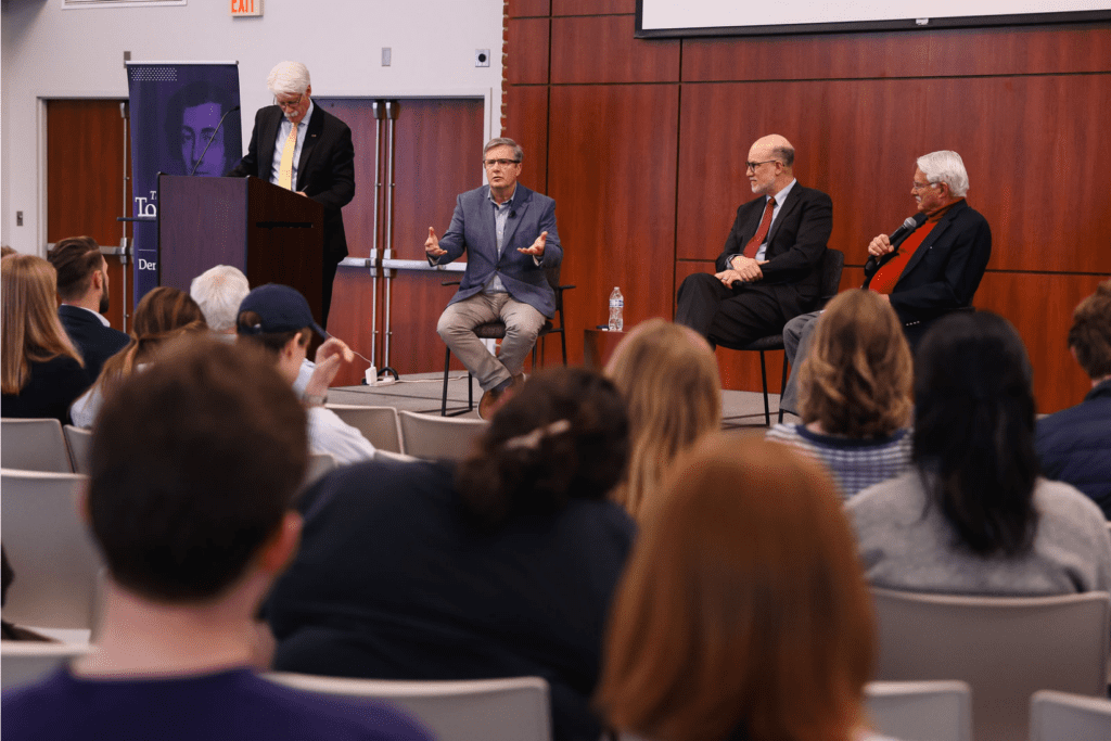 Director Brent Nelsen with panelists Mark Amstutz, Peter Feaver, and Larry Richter at a Tocqueville Center event at Furman University.