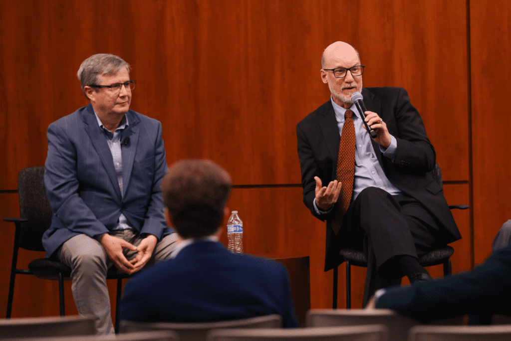 Retired U.S. Foreign Service Officer Larry Richter speaking at a Tocqueville Center panel discussion at Furman University.