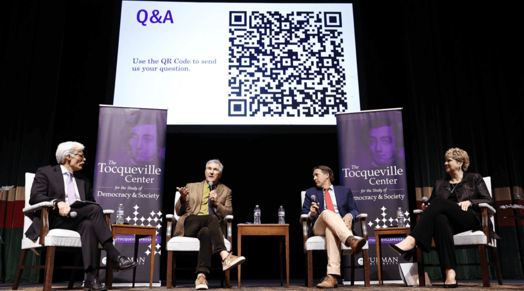 Panel discussion on higher education crisis at Tocqueville Center featuring John Tomasi, Ben Sasse, and Elizabeth Davis