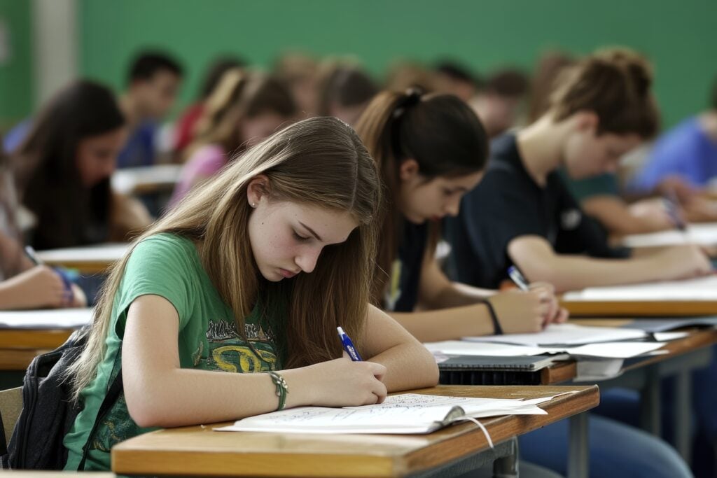 Students taking a standardized test highlighting exam-based education system