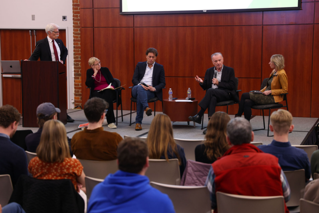 Brent Nelson moderates a panel discussion with Marian Strobl, Liesbet Hooghe, Gary Marks, and Matthias Matthijs during a Tocqueville Center event at Furman University as students and faculty look on.