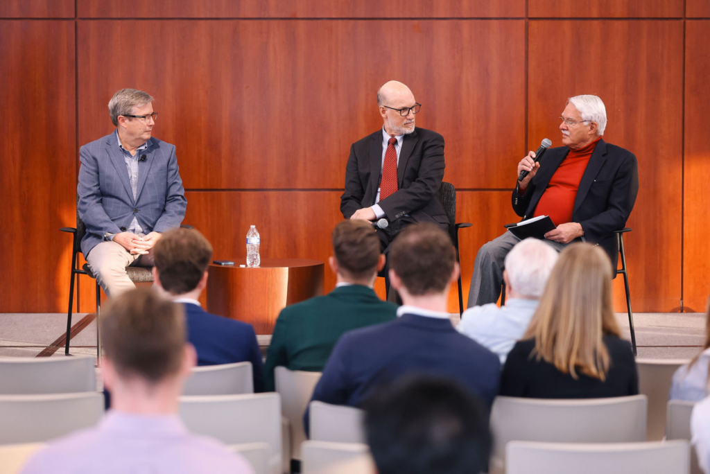 Brent Nelsen moderates a panel discussion with Mark Amstutz, Peter Feaver, and Larry Richter during the Tocqueville Center's Religion and American Foreign Policy event at Furman University.