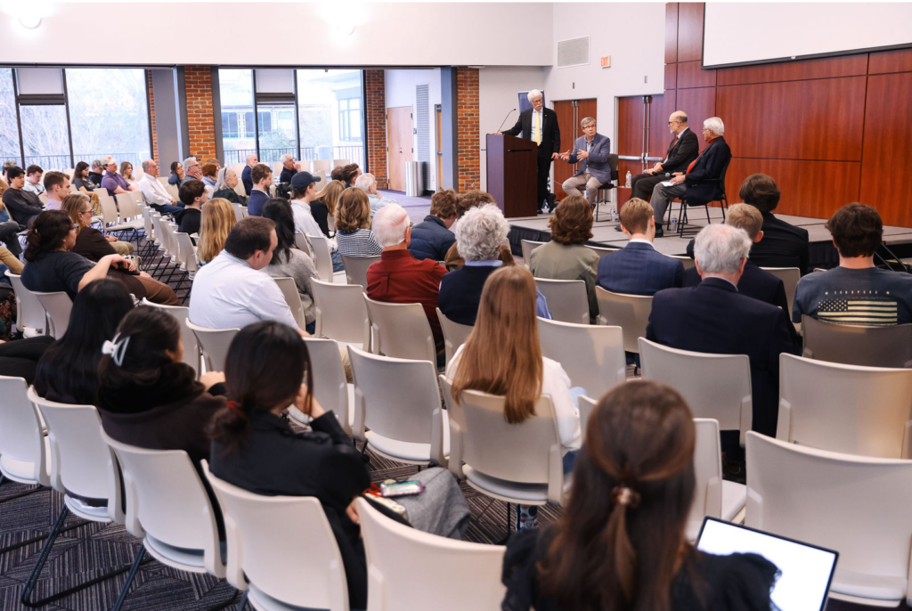 Mark Amstutz, Peter Feaver, and Larry Richter participate in a panel discussion moderated by Brent Nelsen before students and faculty at Furman University.