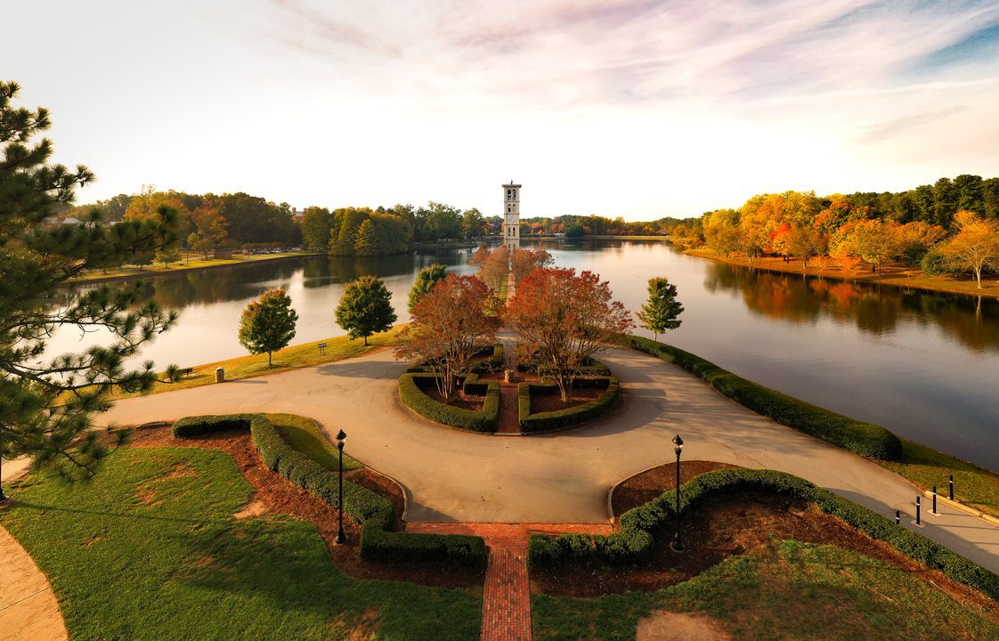 furman bell tower in the fall