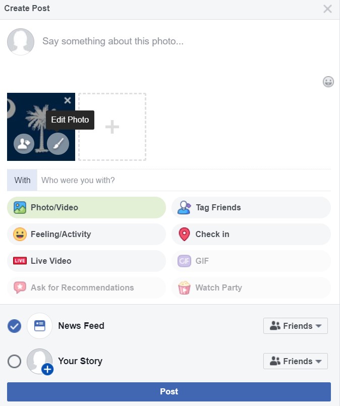 Screenshot of an uploaded image onto Facebook. There are several options listed to edit the photo such as tag friends, check in, add a caption, etc.