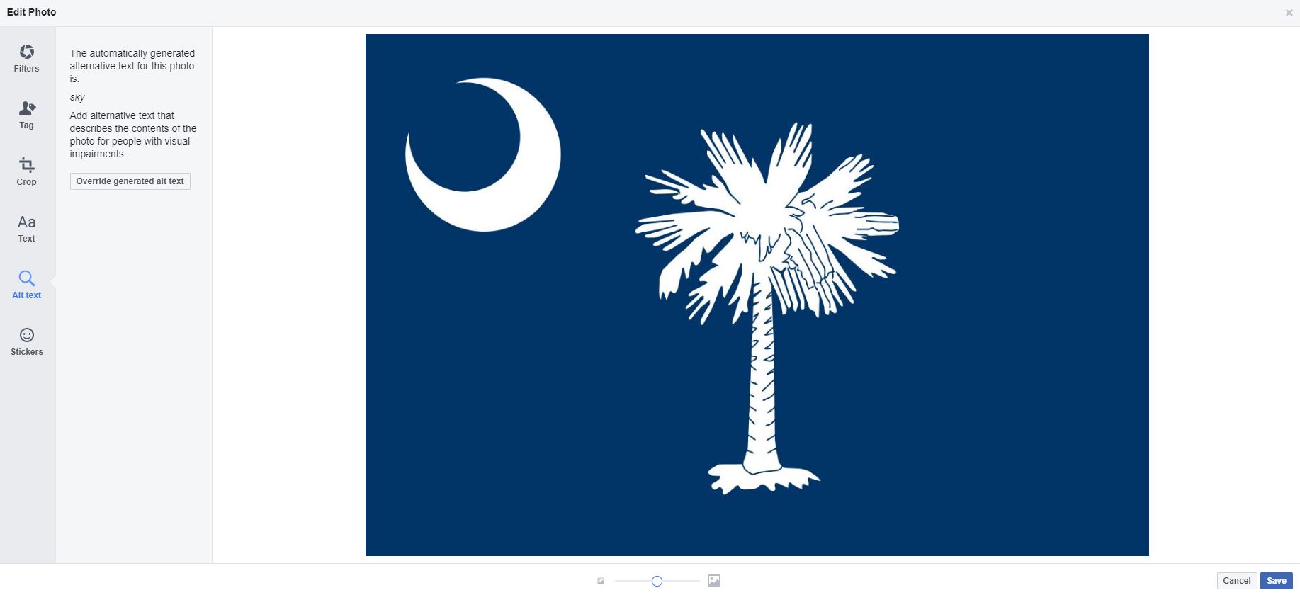 Screenshot of a South Carolina flag with options to edit the photo. Editing options include: filters, tag, crop, text, alt text, and stickers.