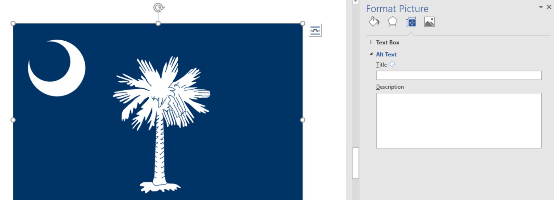 Screenshot of a South Carolina flag image in a Word document. There is an option to add alt text to the image on the right under "format picture."
