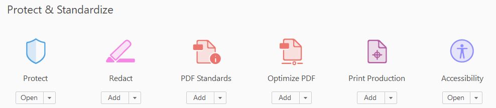 Screenshot of different icons available under the heading "Protect & Standardize." From left to right: protect, redact, PDF standards, optimize PDF, print production, accessibility.