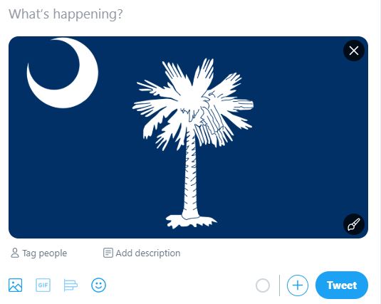 A screenshot of a South Carolina flag uploaded to Twitter. There are options to add descriptions, add captions, tag people, etc.