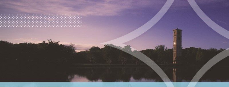 Furman diamond on foreground of image of bell tower in the evening