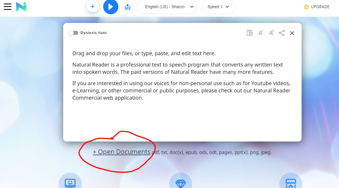 screenshot of the natural readers webpage. the open documents button is circled.
