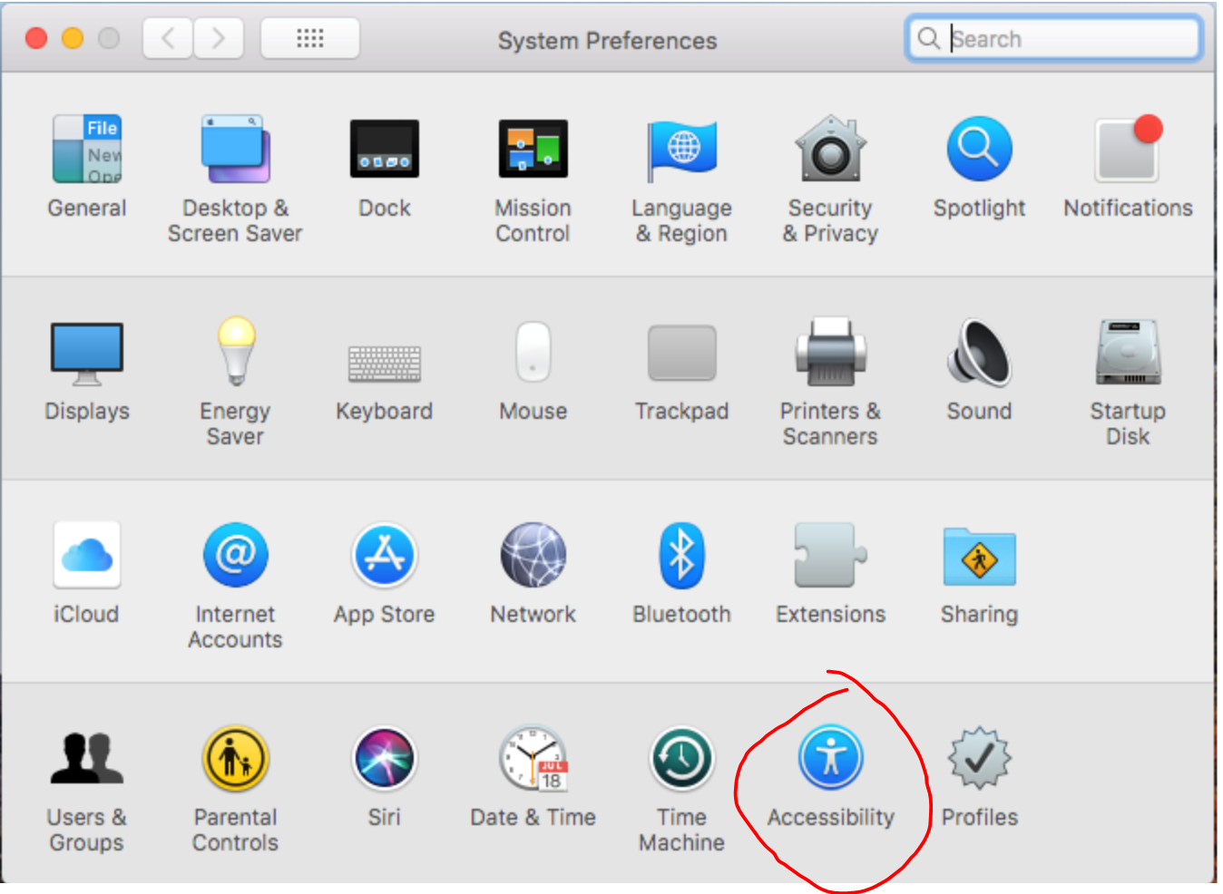 settings icons with accessibility icon circled