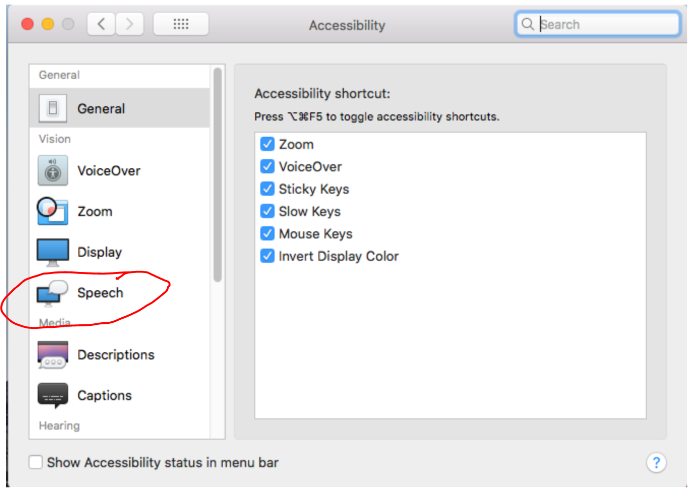 in the accessibility features, on the menu on the left, speech is circled