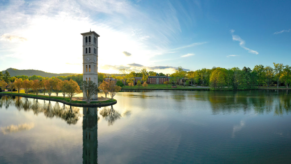 Furman bell tower over the lake