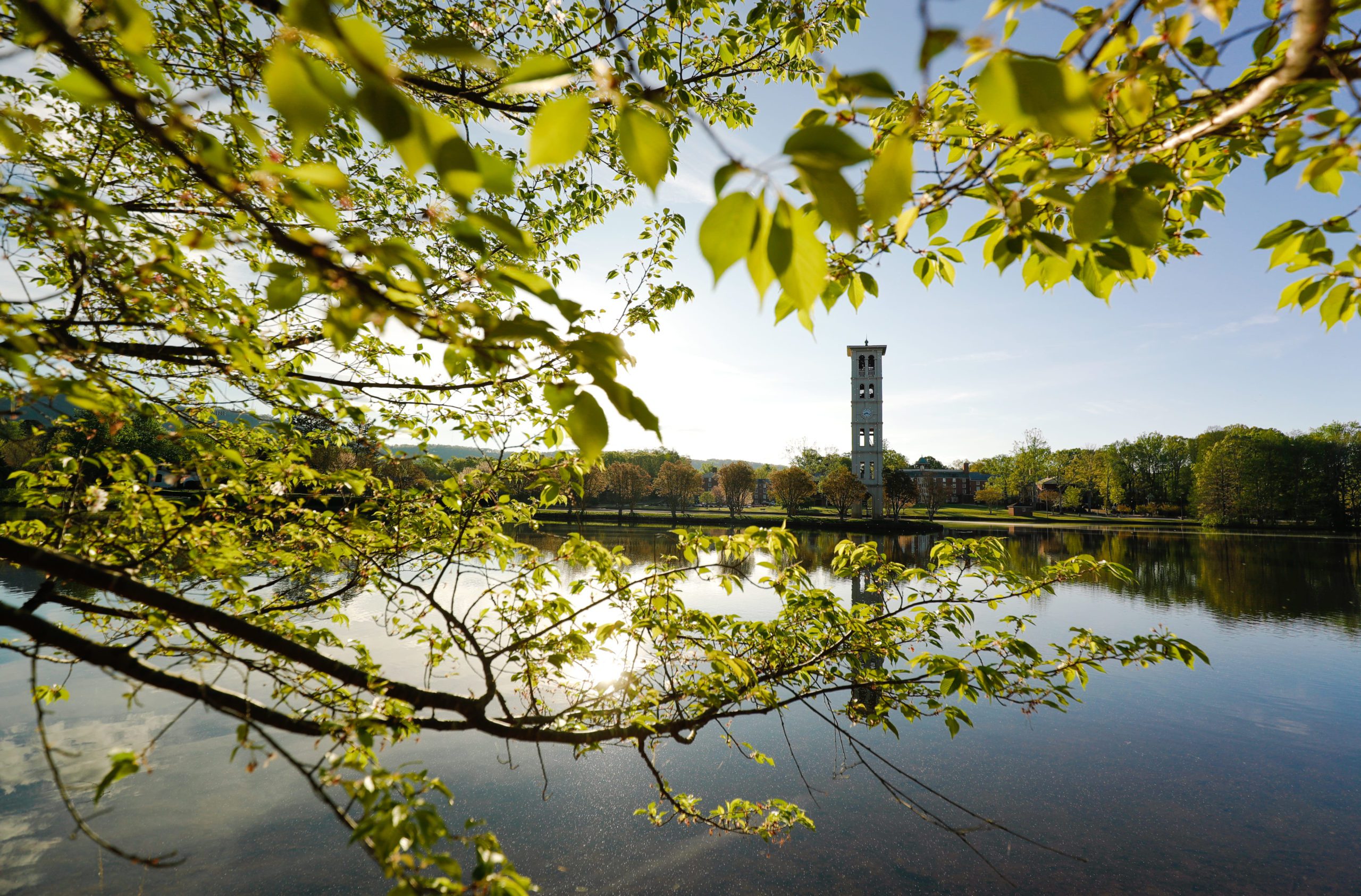 The furman lighthouse through the trees and across the lake in the spring