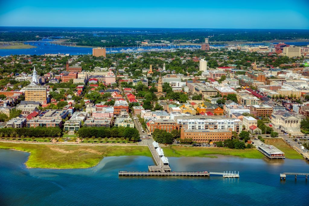 Charleston aerial view, beach and boardwalk in view