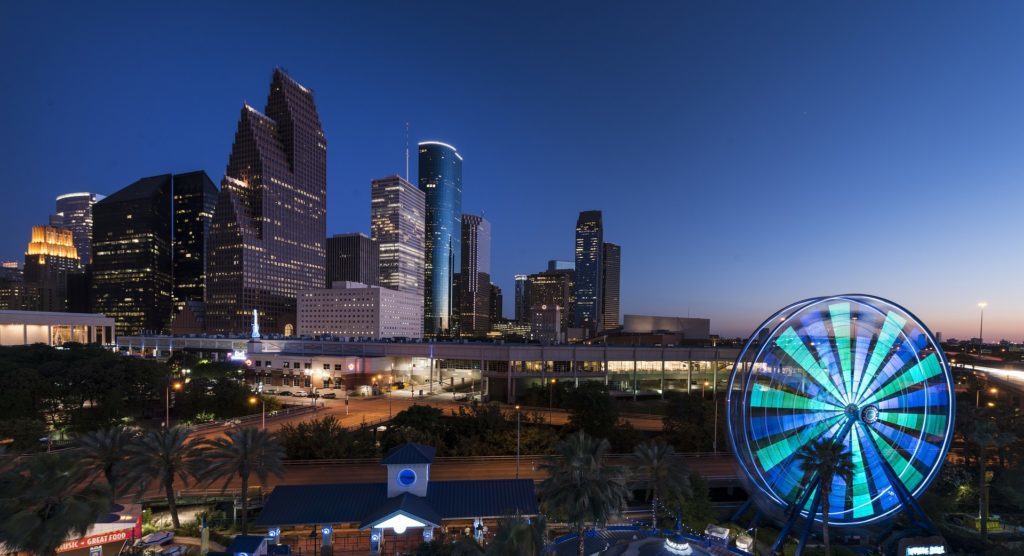 Houston skyline, Ferris wheel in front