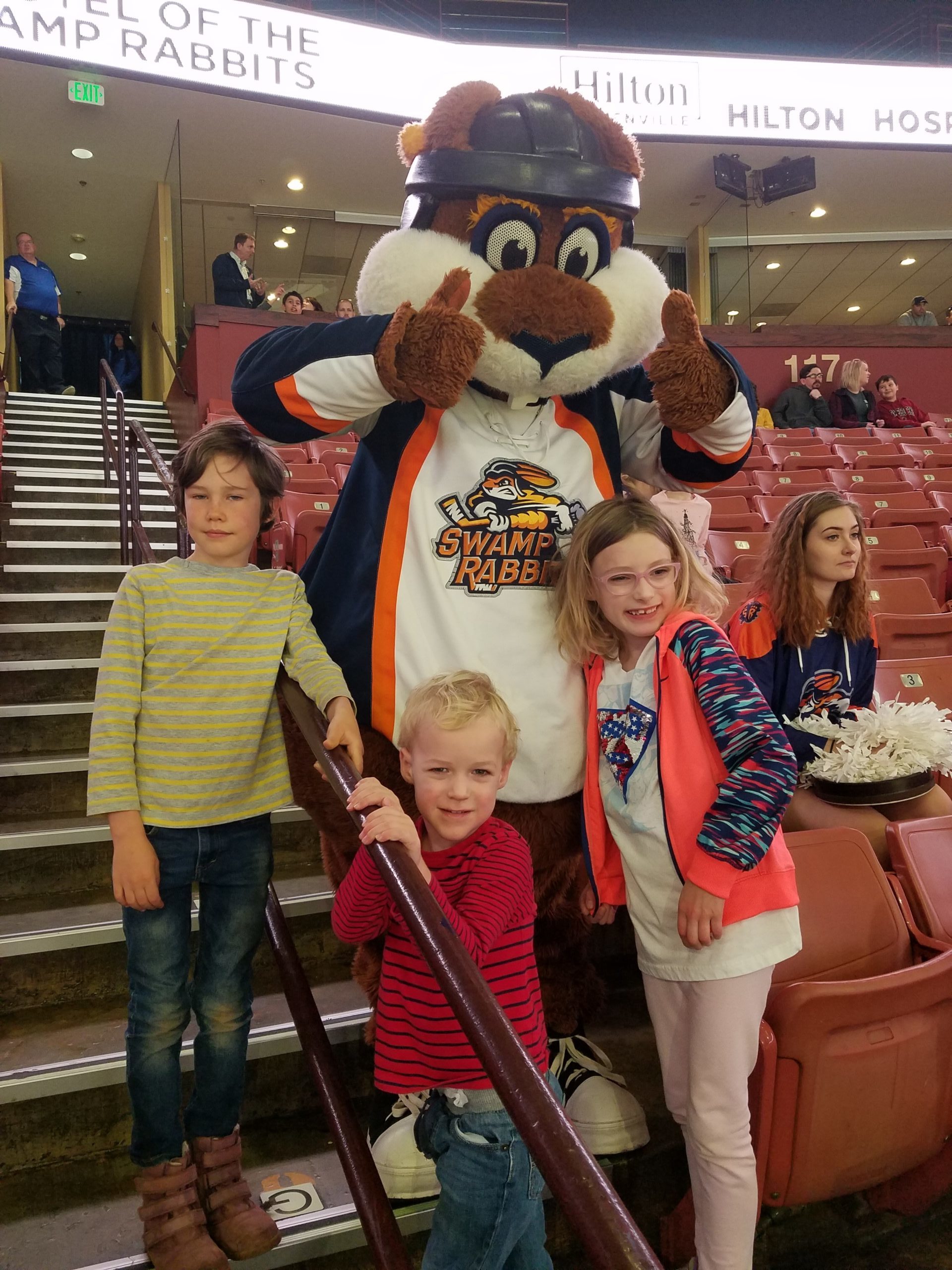 Young kids posing with Swamp Rabbit mascot