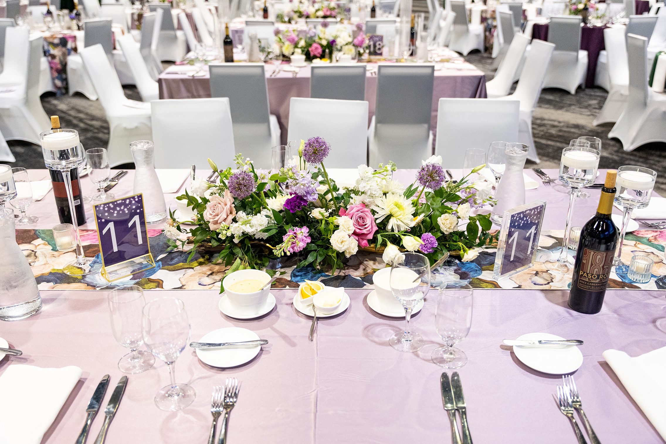 Elaborate table decorations in the ballroom