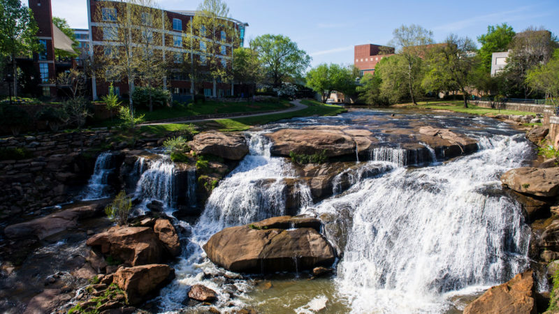 Downtown Greenville's Reedy River in the middle of the day